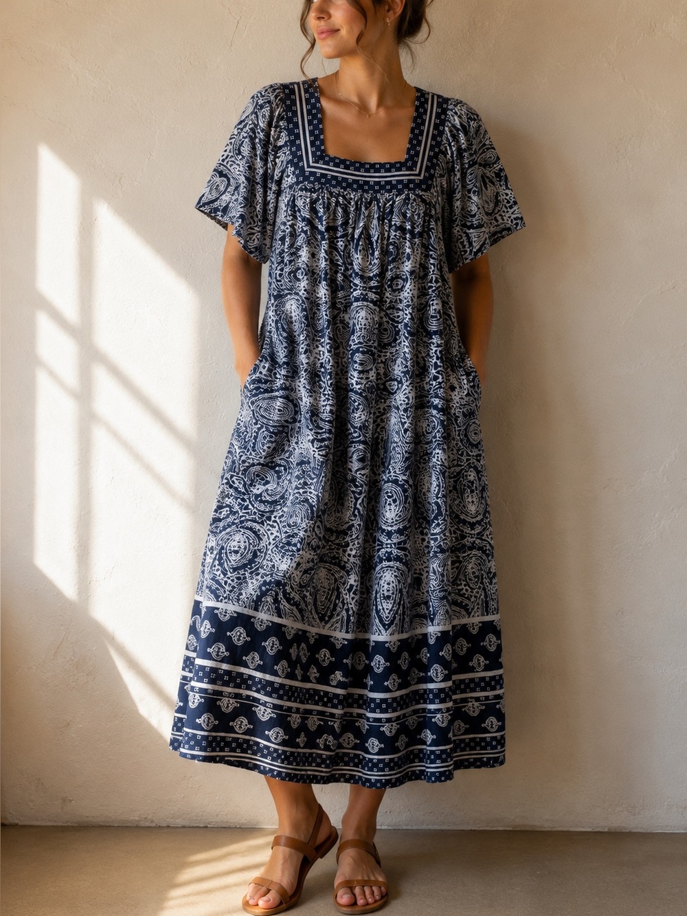 Paisley Cottagecore Prairie Midi Dress Cotton Blue White Square Neck Pockets L